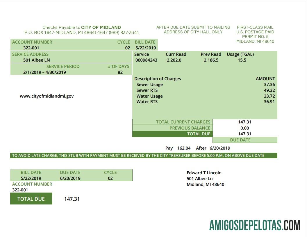 Em branco modelo de conta de serviços públicos de água dos EUA Michigan em formato Word e PDF (.doc e .pdf)